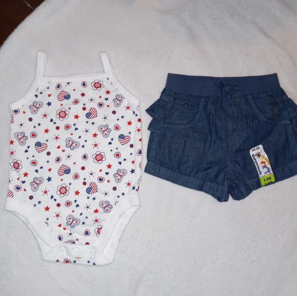 5 for $10 Garanimals Patriotic Tank Onsie & NWT Denim Ruffle Shorts Outfit 3-6M - Picture 1 of 3